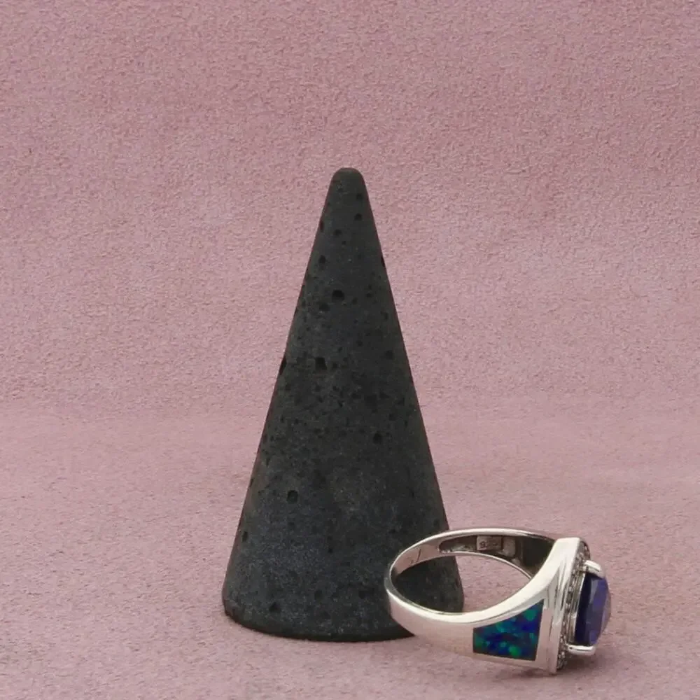 sterling silver fire opal tanzanite & cz ring size 6